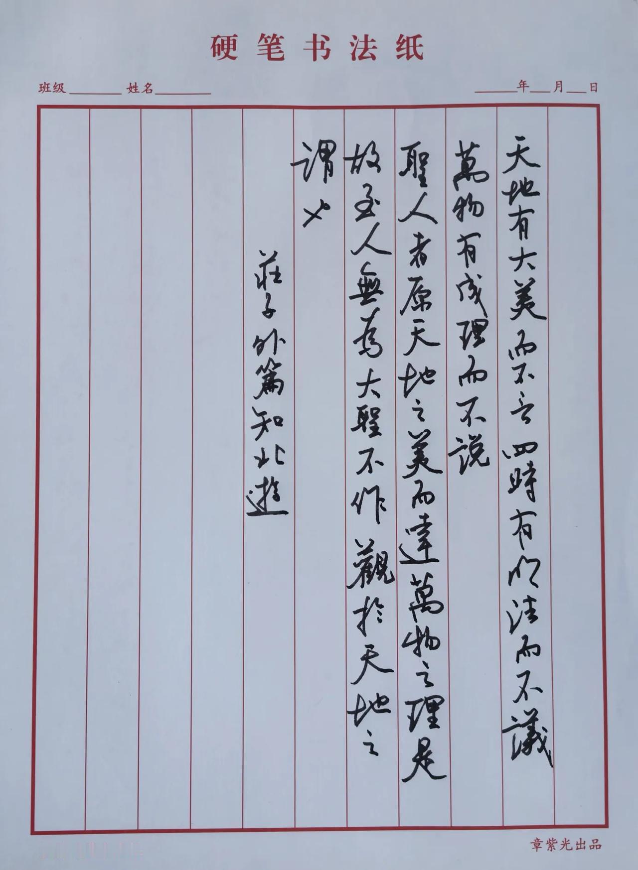 节录《庄子·知北游》。天地有大美而不言，万物自有其理，笔墨记之。书写流畅，竖栏排