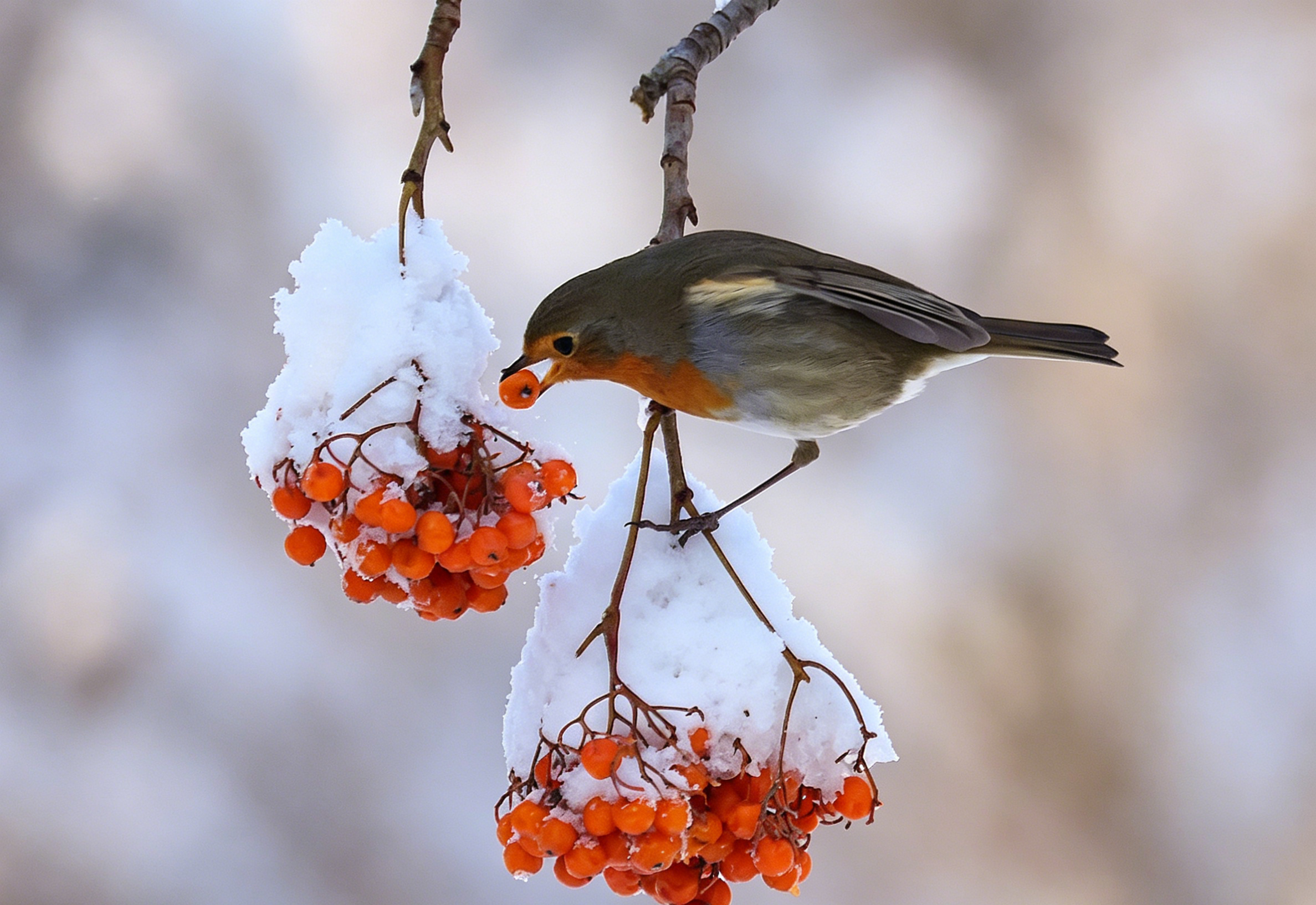 翻到以前拍的欧亚鸲（就是大家常说的知更鸟）！这小家伙在雪天里找食儿，正悬停着啄食