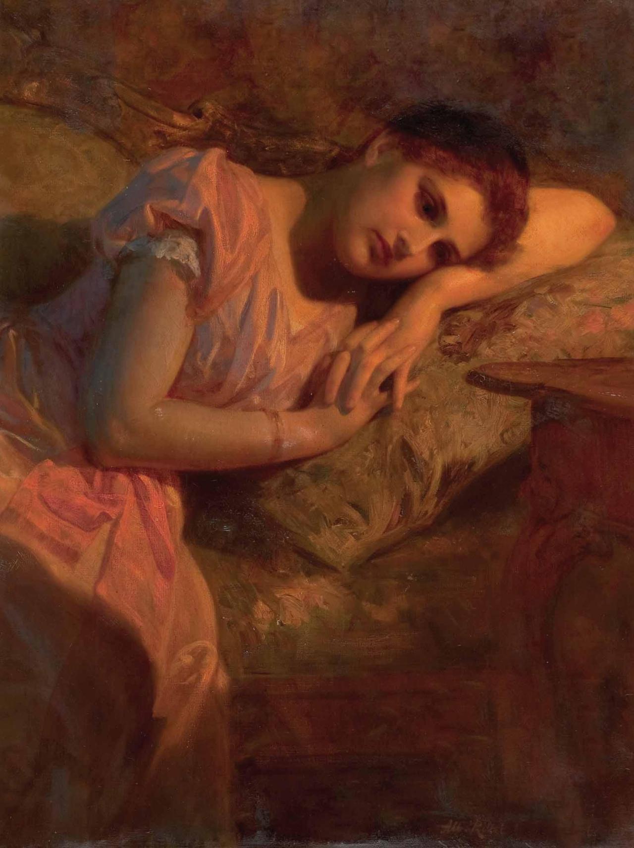 躺在沙发上的年轻女子，1898年，奥地利画家Albert Ritzberger 