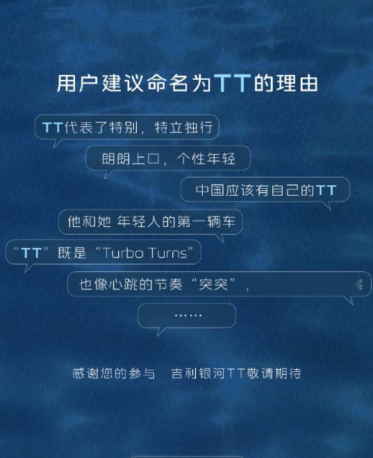 确定了，吉利银河新车真就叫“TT”了，前几名投票还有A8TT、A8、星驰、流光。