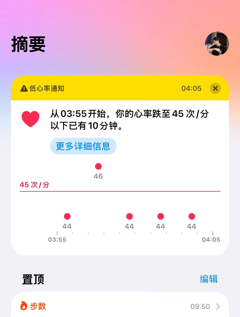 又暴跌。。。这个心率，不会降到40以下吧。 