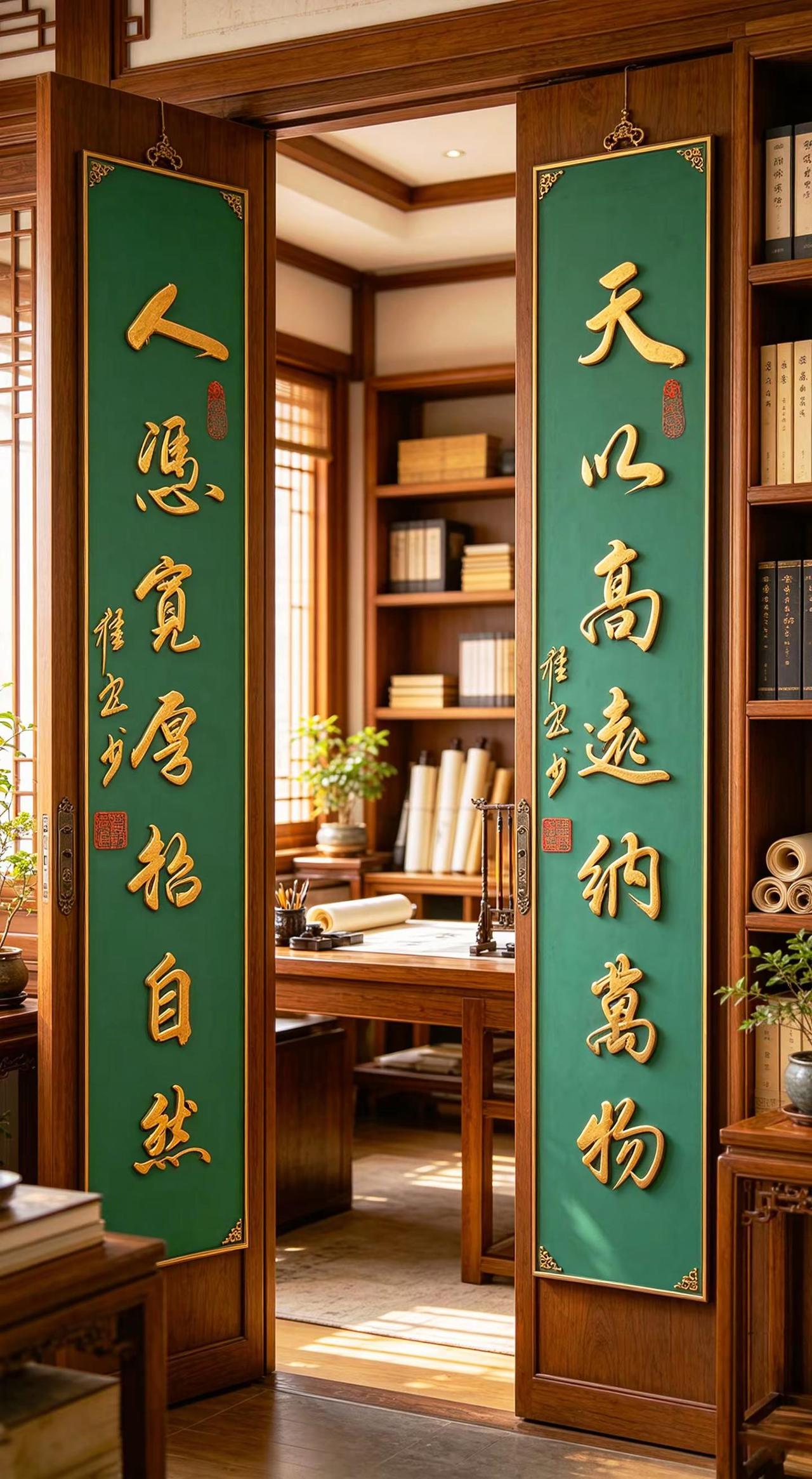 维安书法展览。AI书房金凸绿底对联场景