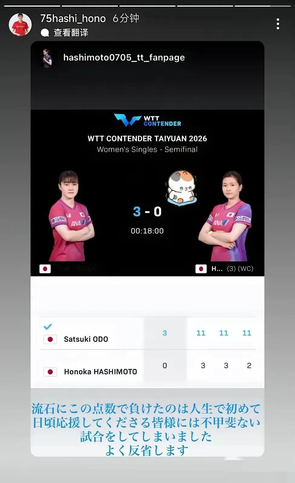 曼昱要好好学习，研究大藤莎月是怎样打削球手桥本凡乃香的，看看这种比分，令人惊诧！