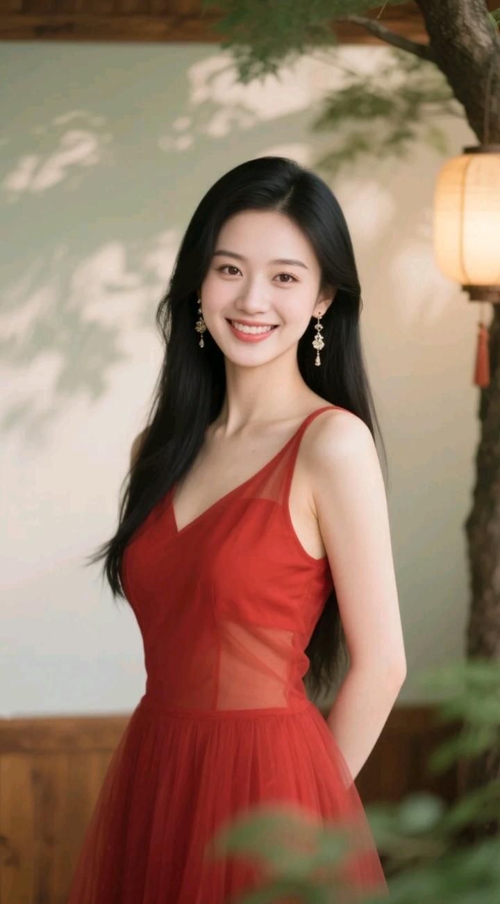 一个穿红裙的姑娘在微笑。什么样的女人才最有魅力呢? 气质红裙女 魅力红裙穿搭