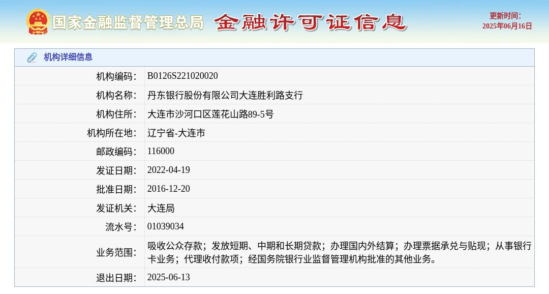 丹东银行股份有限公司大连胜利路支行获准退出, 退出日期2025年6月13日
