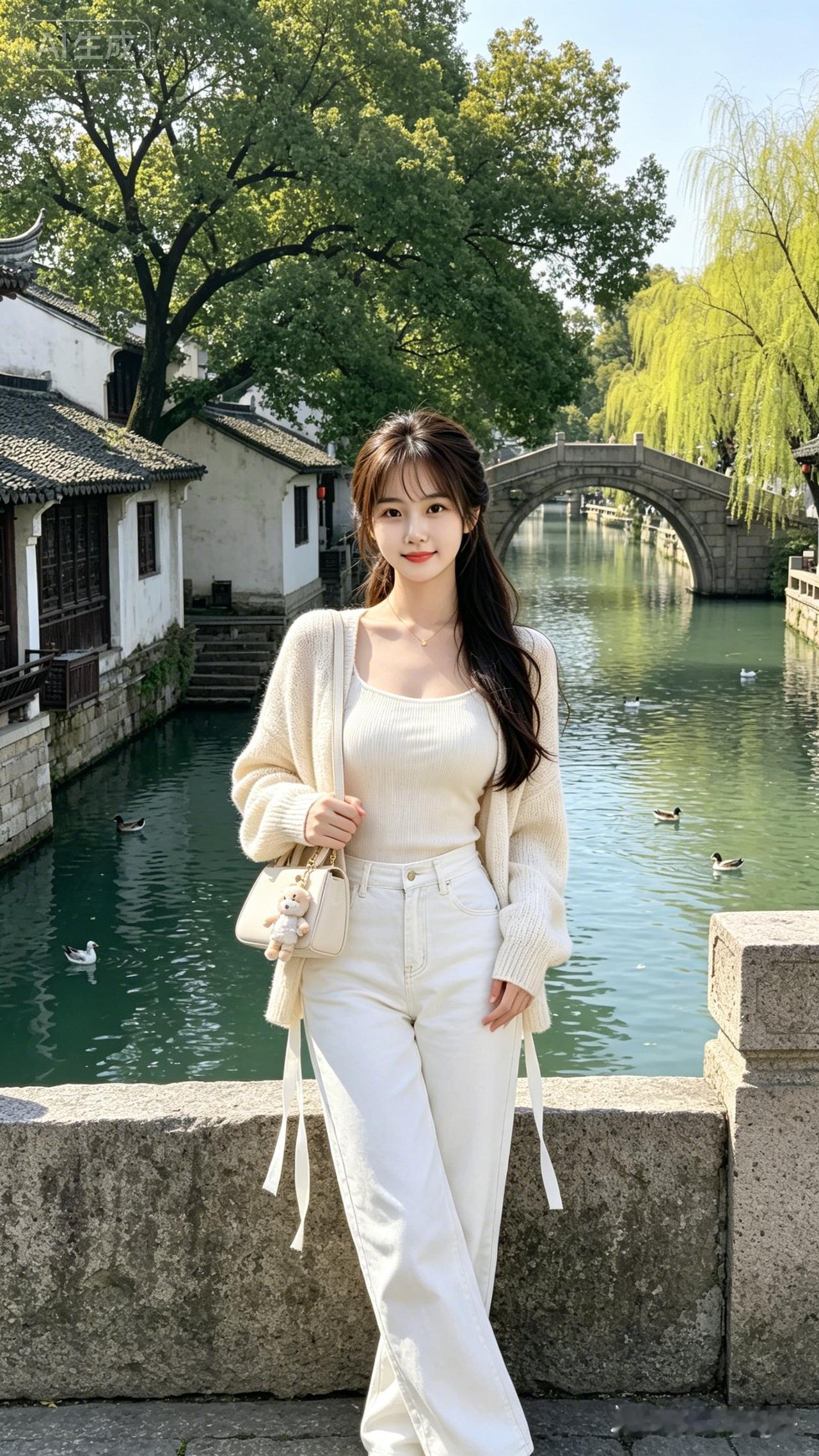白衣少女漫步古桥，静享江南水乡的宁静与美好。
