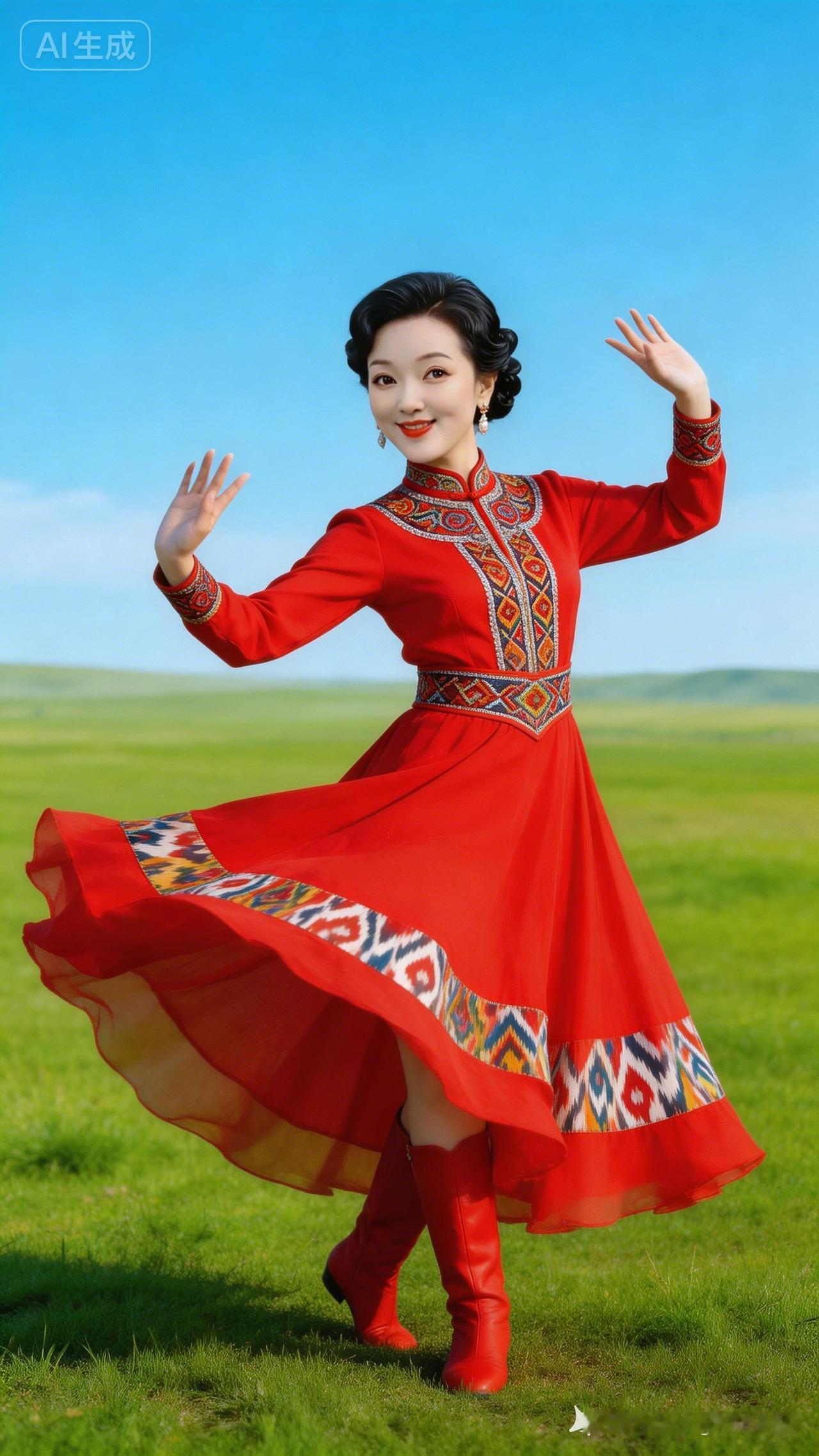 草原上的红裙舞者，热情奔放，尽显民族风情！🌿💃🏻