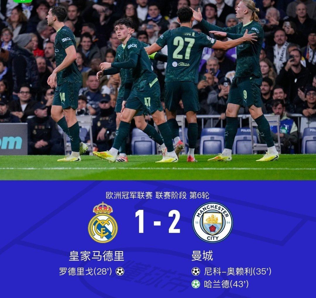曼城2-1皇马，罗德里戈破球荒，奥赖利破门，哈兰德点射曼城皇马 北京时间12月1