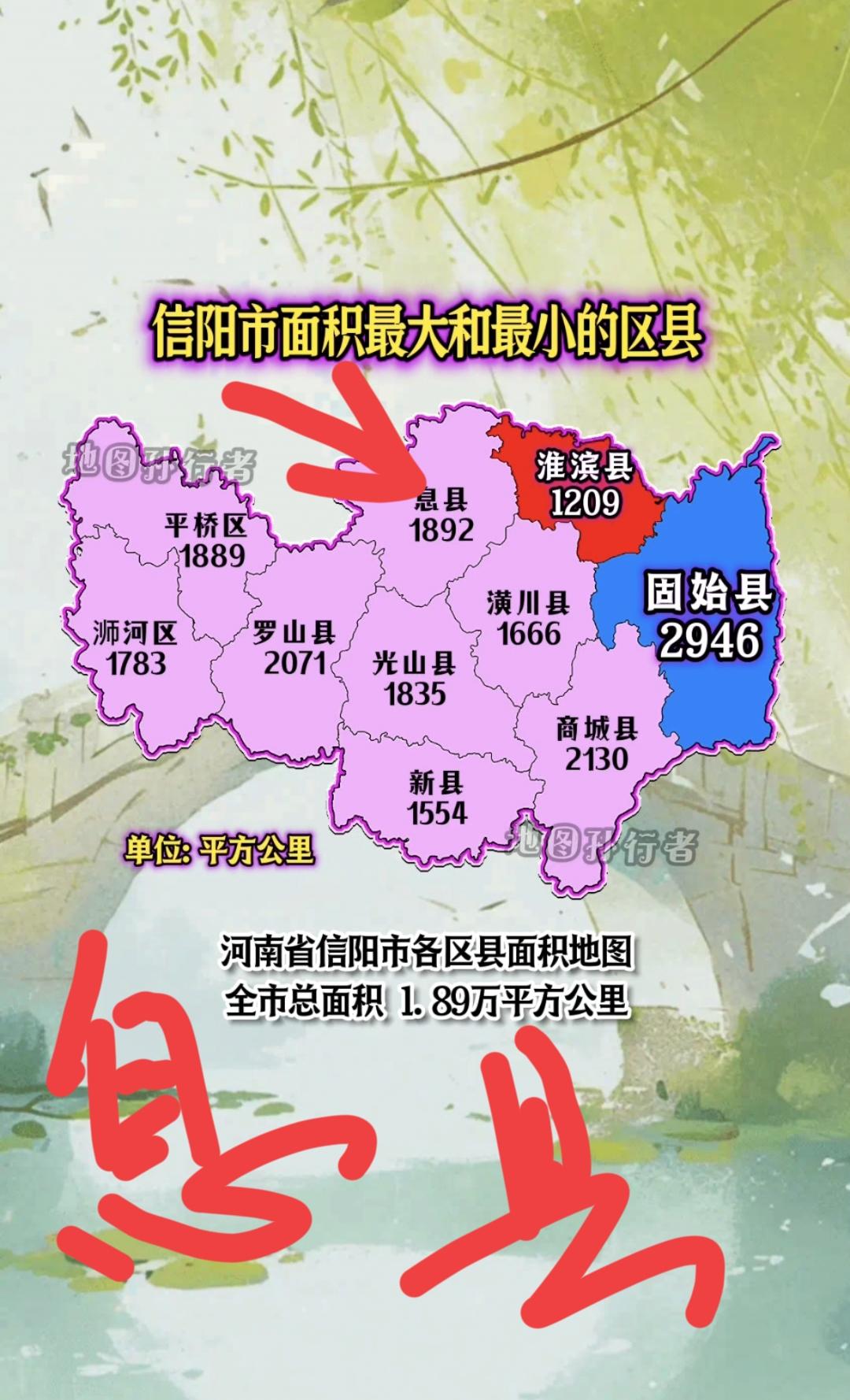 信阳市息县面积约1892平方公里，常住人口约63.78万 。东接淮滨、安徽临泉，
