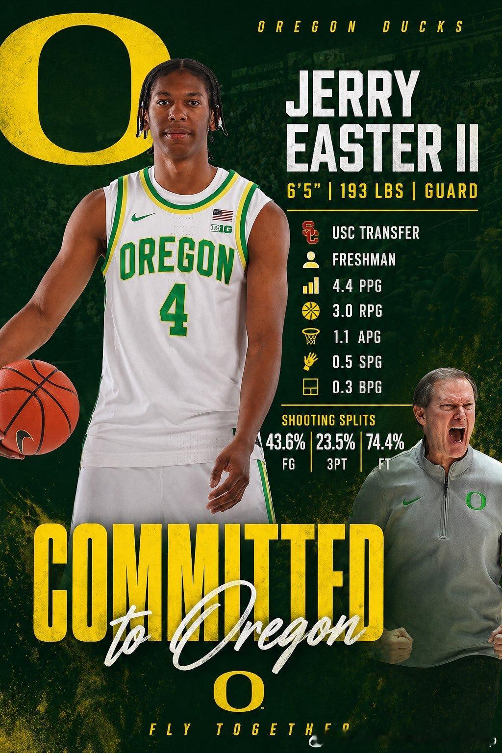 南加大后卫Jerry Easter II承诺俄勒冈大学，本赛季场均4.4分3板1