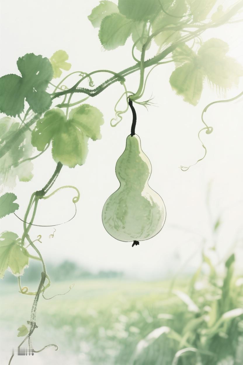 AI随心绘一颗葫芦挂于藤蔓，在阳光下闪耀，似藏着田园的秘密，静候我们去探寻🌿