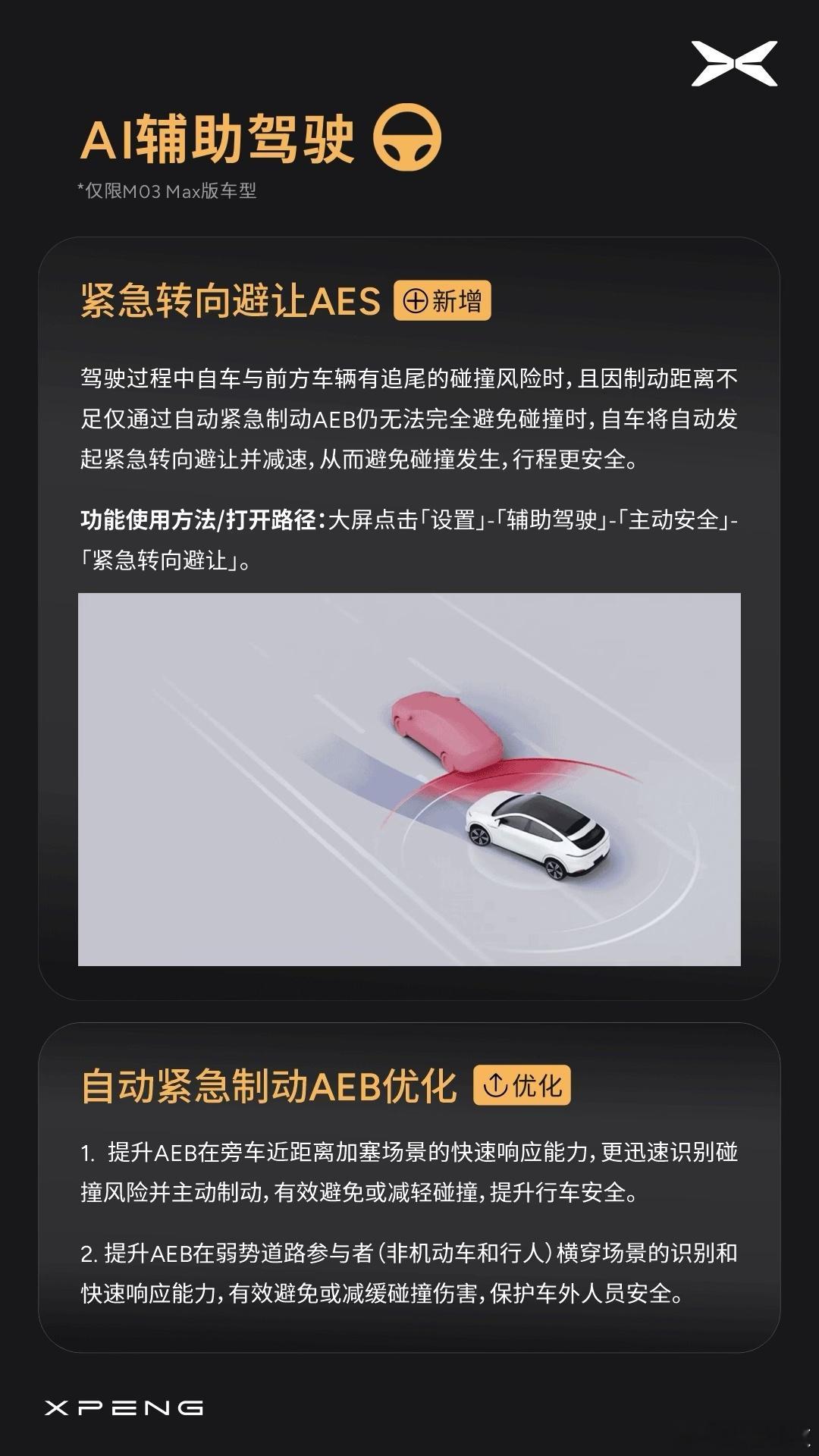 鹏友们！小鹏MONA第十一次大规模OTA来了本次OTA新增AES紧急转向避让，1