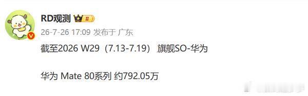 据数码博主公布的数据，截至2026年第29周（7月13日-7月19日），华为Ma