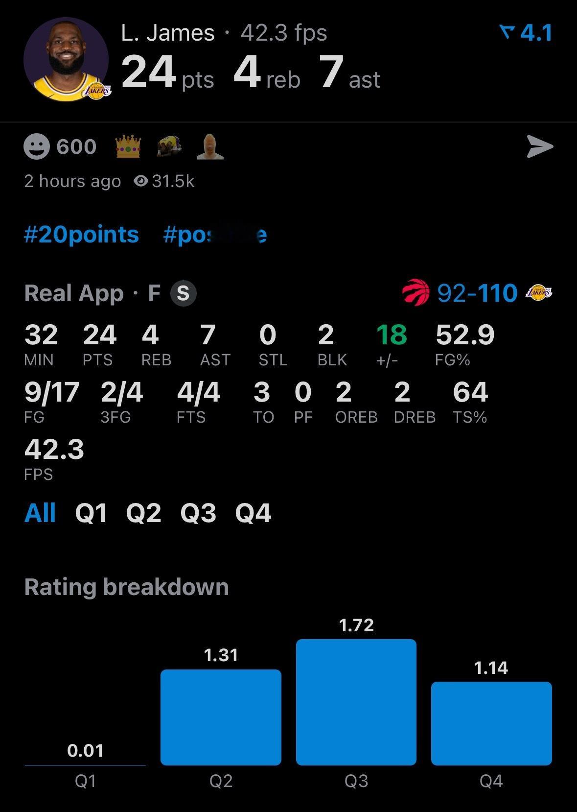 今天我们看什么？ 41岁詹姆斯背靠背，32分钟17投9中，三分4中2，得到24分