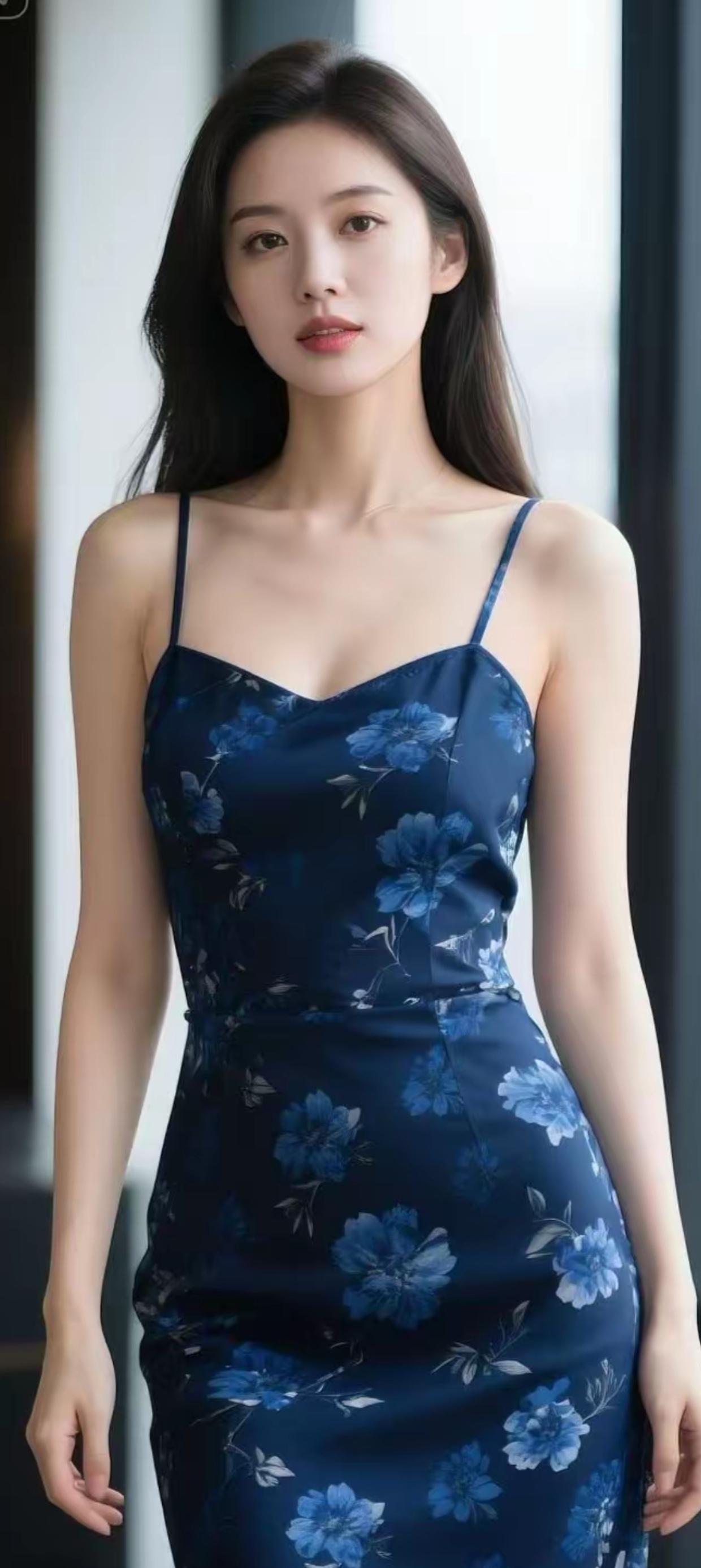 优雅蓝花裙，气质女神范儿