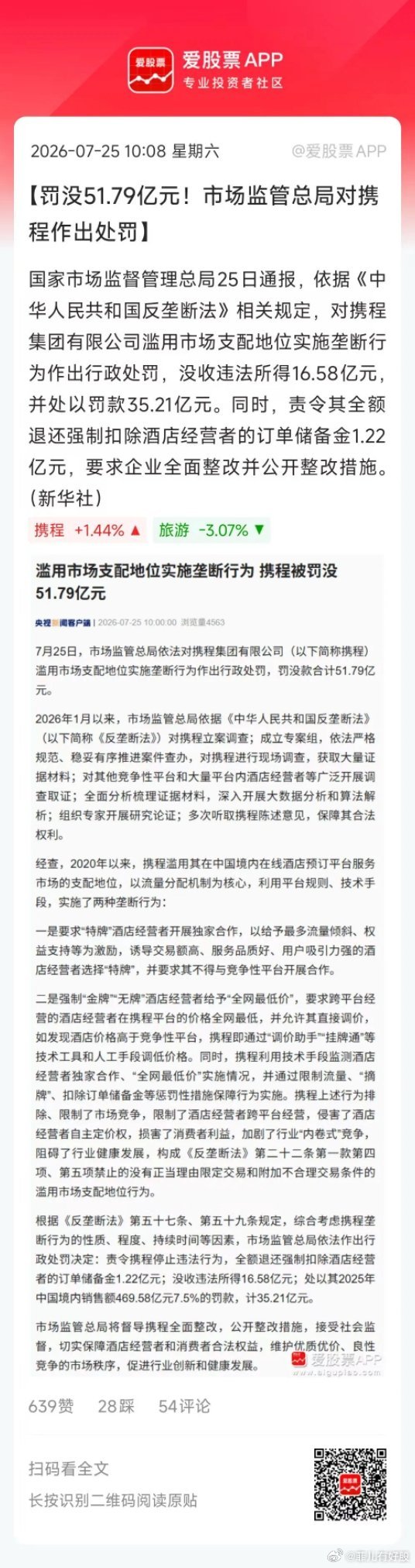 因滥用市场支配地位实施垄断行为，携程被罚没51.79亿元，这个算重拳出击了！主要