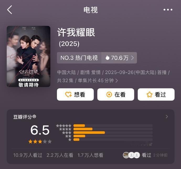 《许我耀眼》豆瓣评分 6.5 分，评价中既有对双商在线女主设定的认可，也有对剧情