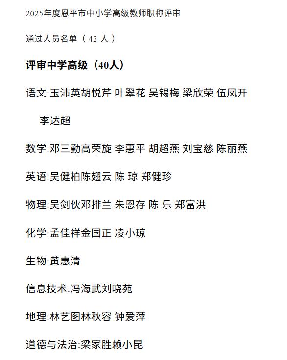 2025年度恩平市中小学高级教师职称评审通过人员名单公示！部分通过名单如下：
部