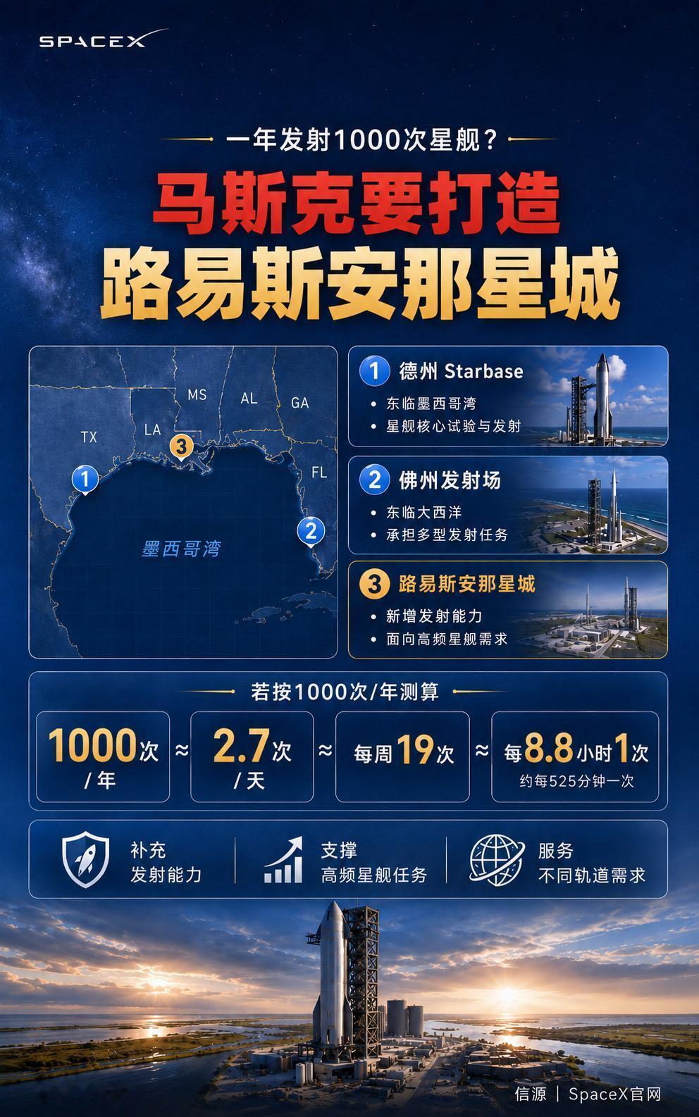 SpaceX宣布将在美国路易斯安那州布局高频率星舰发射场，星舰版图再扩一城。
