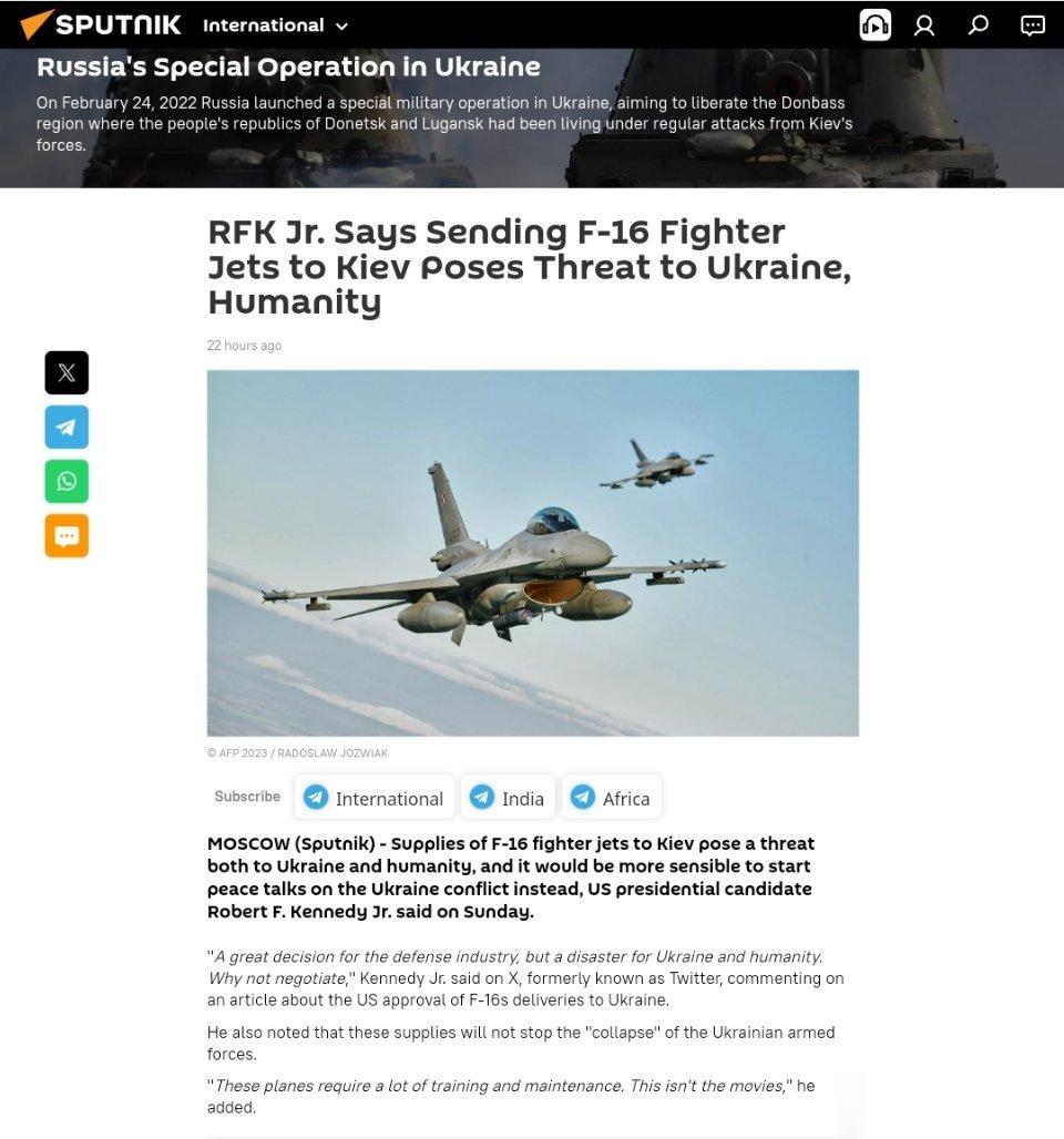 RFK Jr称派遣F-16战斗机到基辅对乌克兰和人类构成威胁美国总统候选人小罗伯