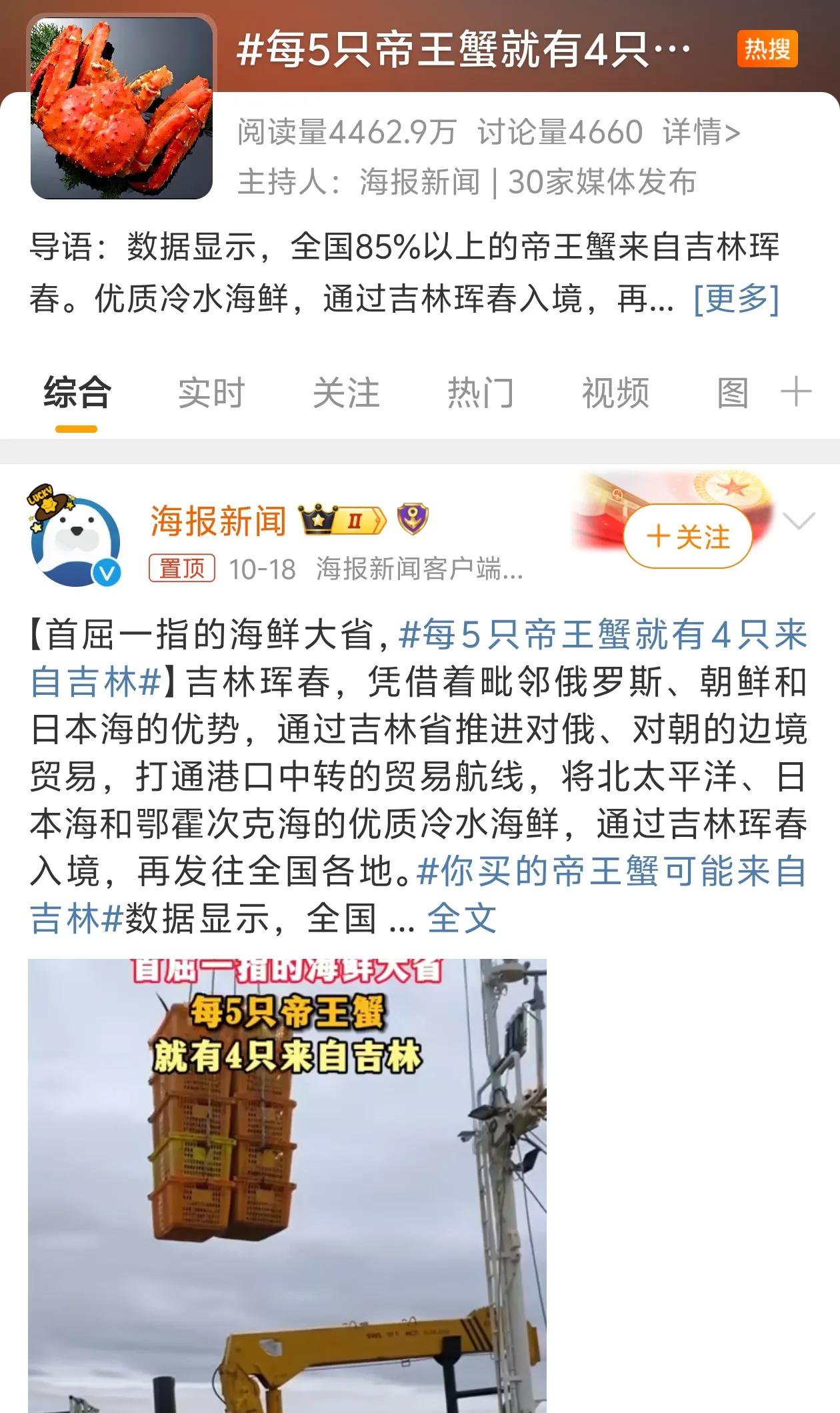 新华社报道吉林珲春帝王蟹，吉林省帝王蟹已上热搜！
#每5只帝王蟹就有4只来自吉林