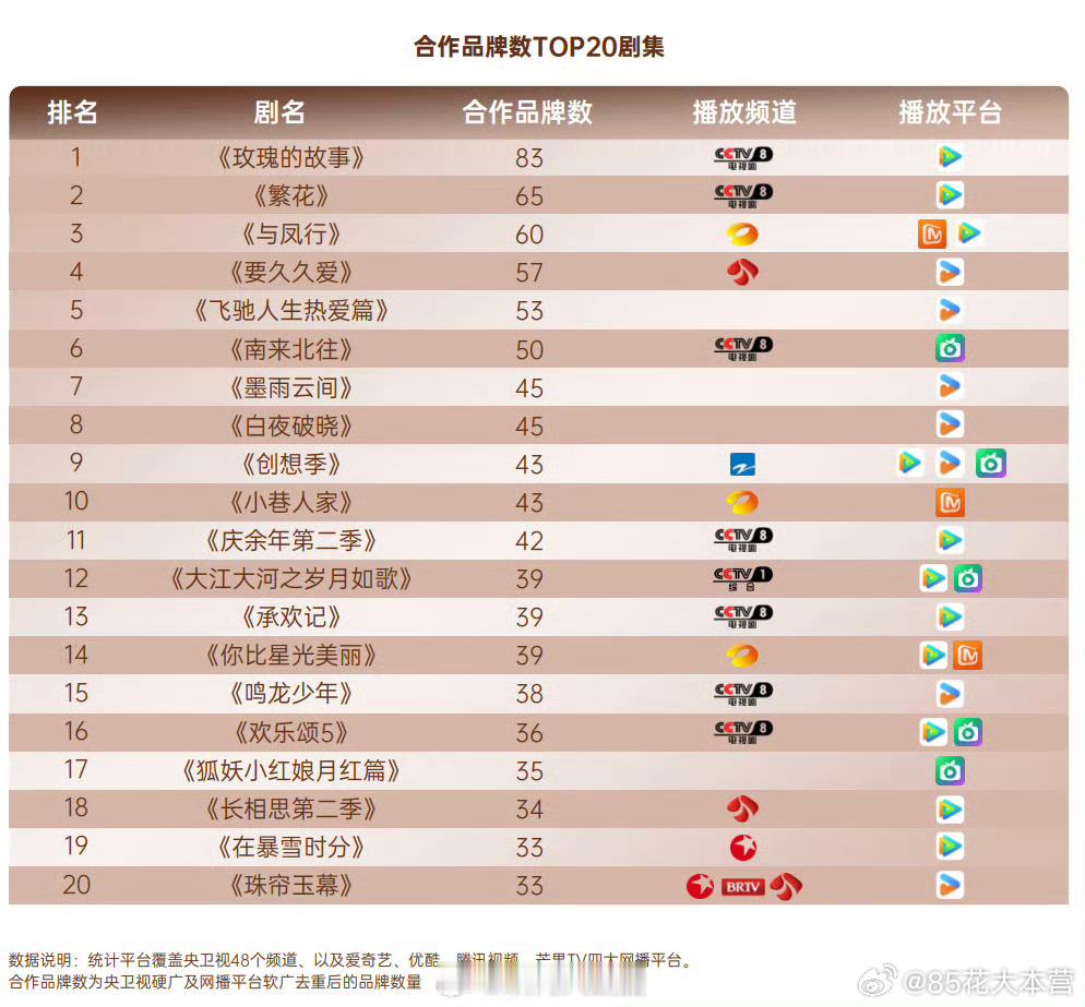 欢网数据——2024合作品牌数TOP20剧集 