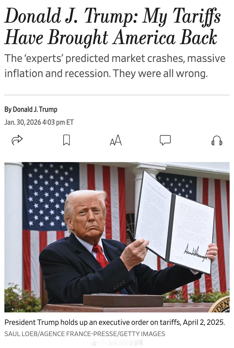 川普在<华尔街日报>上发表文章：“我的关税让美国强势回归”：去年4月，当我对几乎