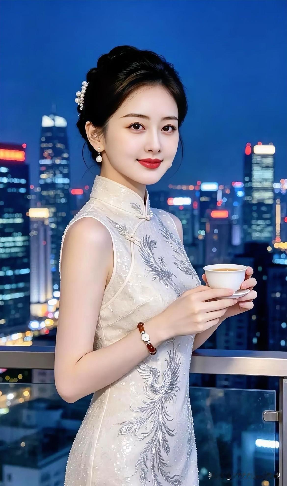 霓虹闪烁的夜幕下，凤凰刺绣在旗袍上熠熠生辉。她轻捧茶盏，笑意盈盈，于喧嚣城市中独