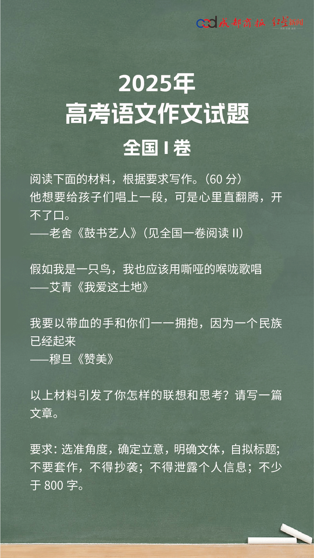 #全国一卷作文材料老舍艾青穆旦# 阅读下面的材料，根据要求写作。（60分）他想要