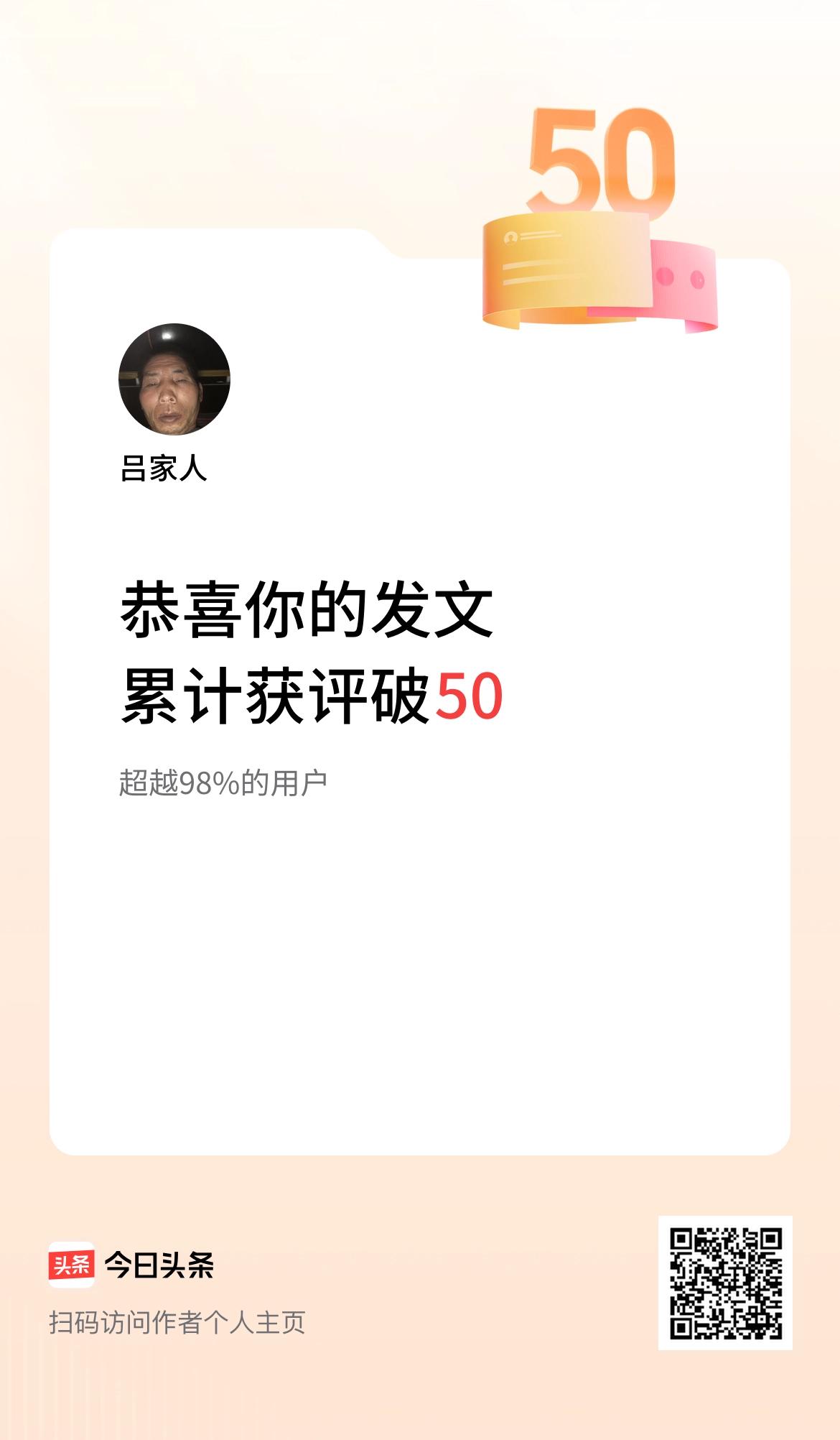 我在头条累计获评论量破50啦！