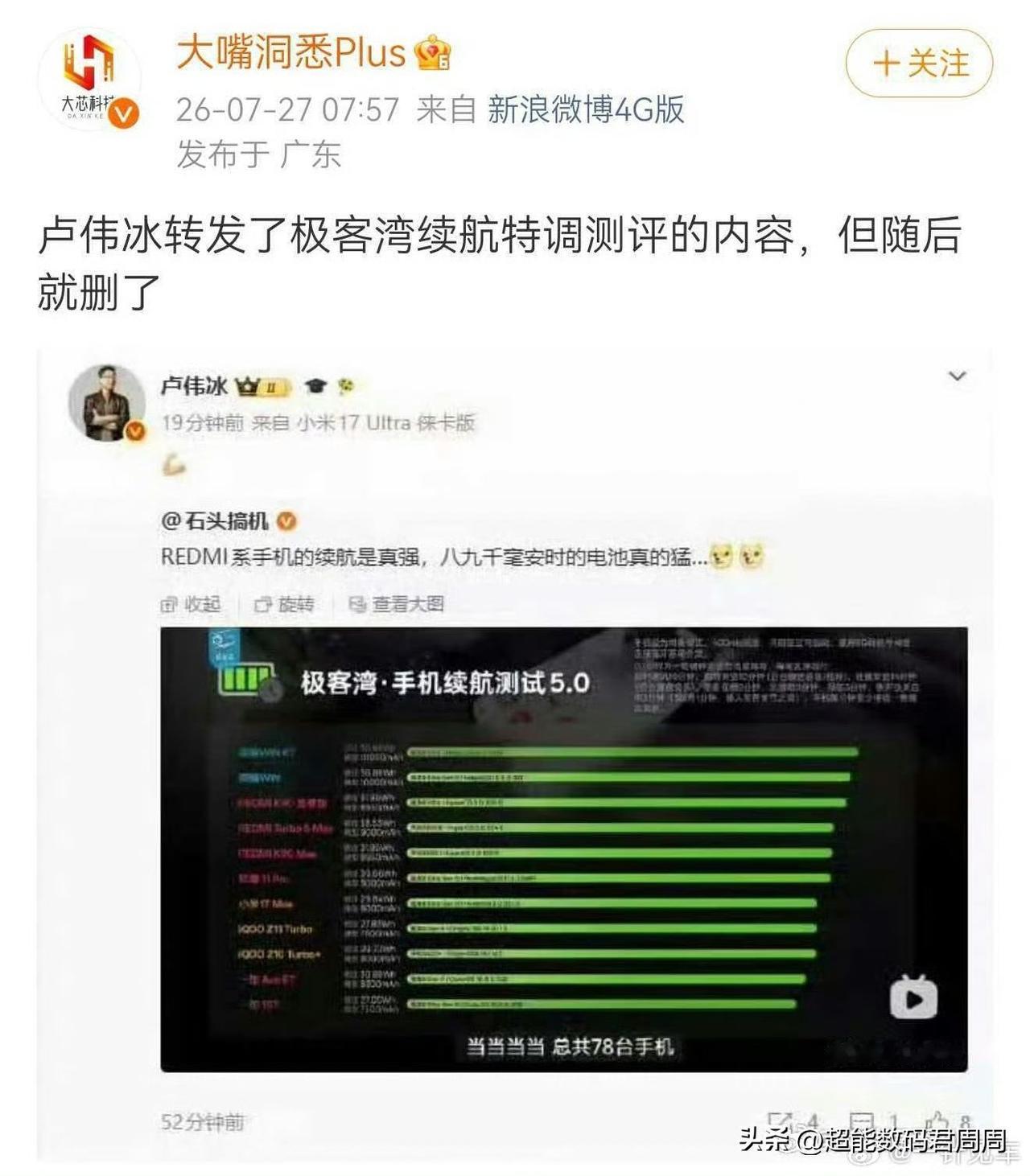 卢伟冰转发极客湾有关续航特调测评动态后，随手就删除了，没想到这事上热搜了！不得不