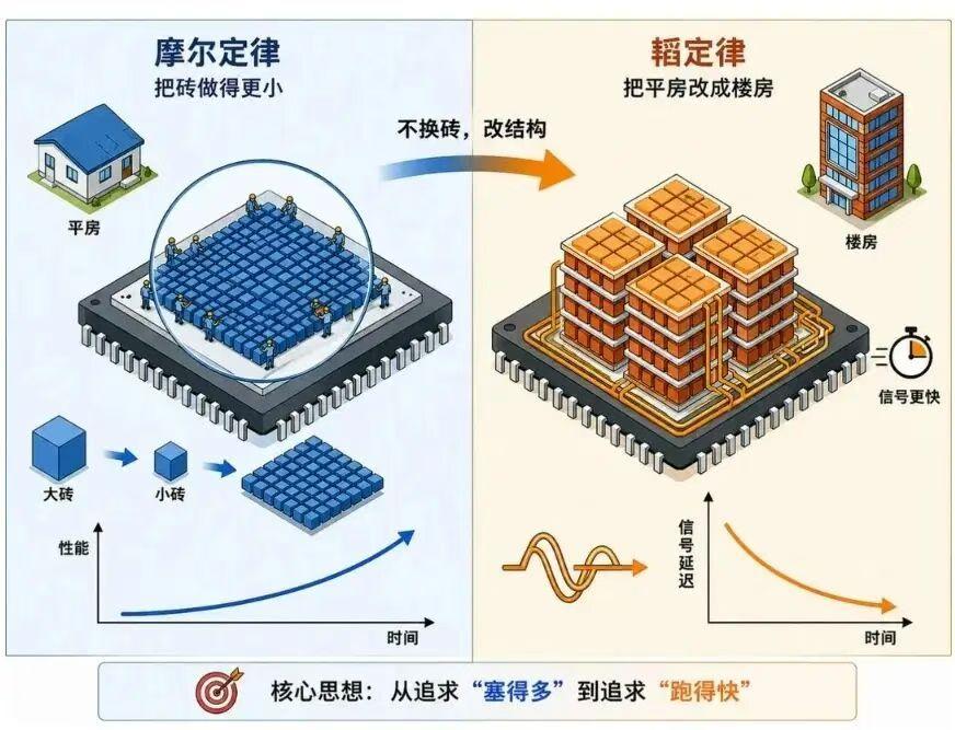“韬定律”的外行理解
这是芯片性能第一性原理
韬定律不再靠“把晶体管做更小”
韬