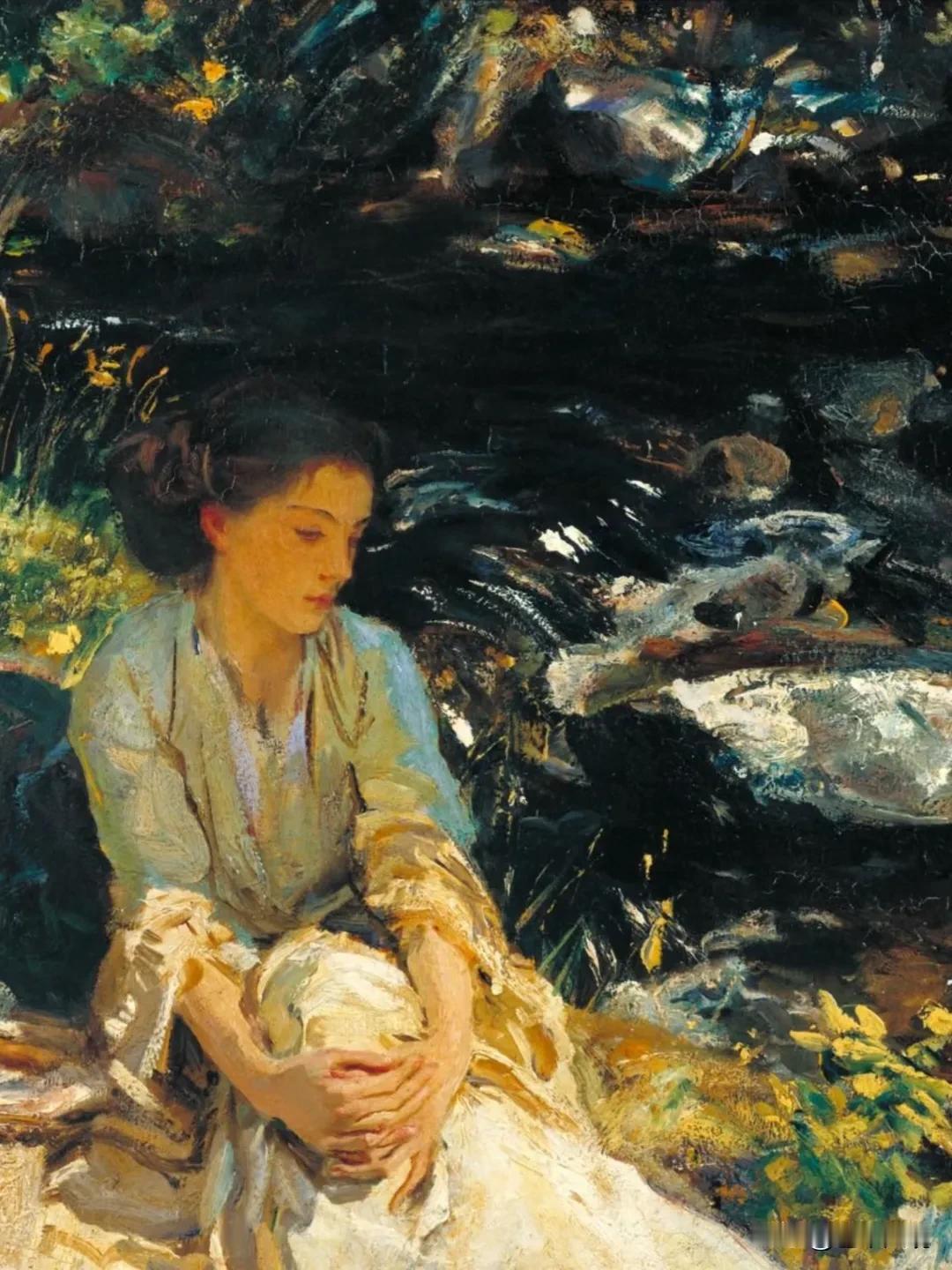 萨金特人物油画的光影变化
这是一幅色彩丰富的油画，描绘了一位女性坐在自然环境中的