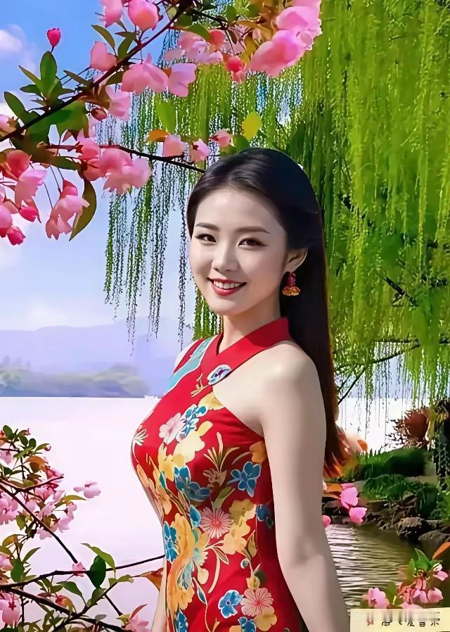 金字经·春堤丽人
细雨催红盛，
柳丝垂碧粼。
旗袍霞裁色韵新。
欣，笑融画里真。