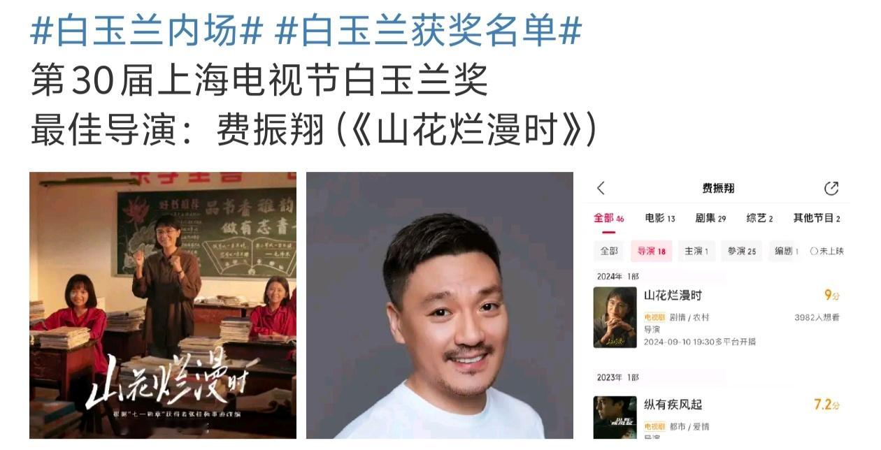 这次最佳导演是费振翔(山花烂漫时评分9.6)上次最佳导演是辛爽(漫长的季节评分9