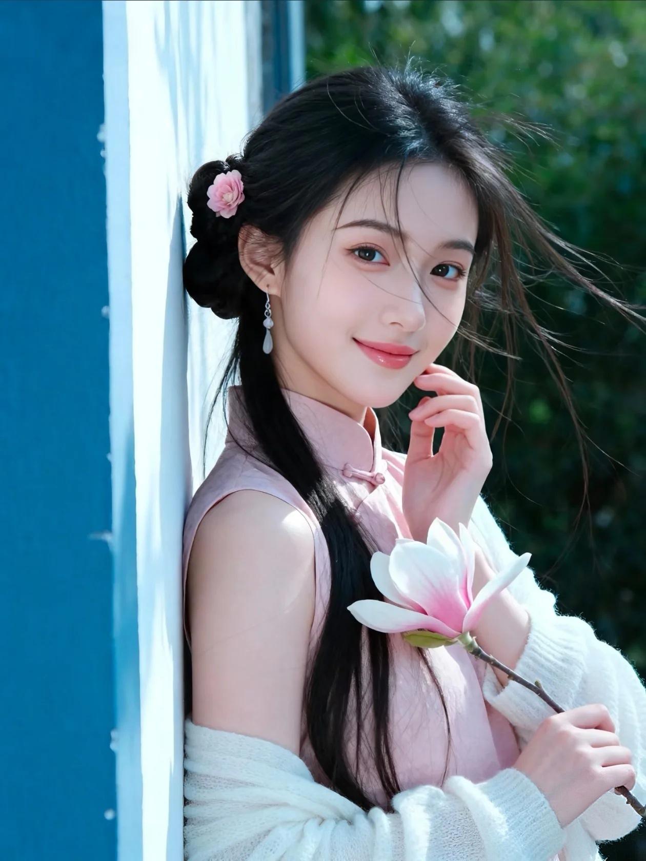 春日花间，邂逅新中式美学

一袭粉色旗袍，外搭白色针织衫，柔美与温婉在春光里悄然