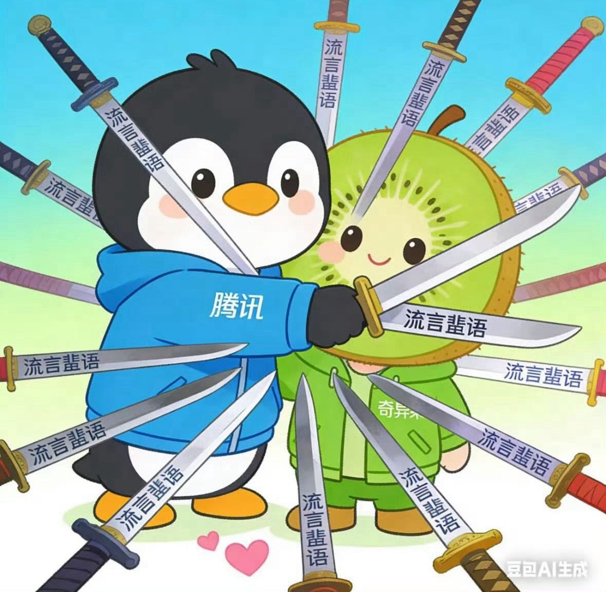 🥝：腾讯你个猪队友，搞的那么明显，活该被麻辣～🐧：老弟啊，哥第一次搞这么大，