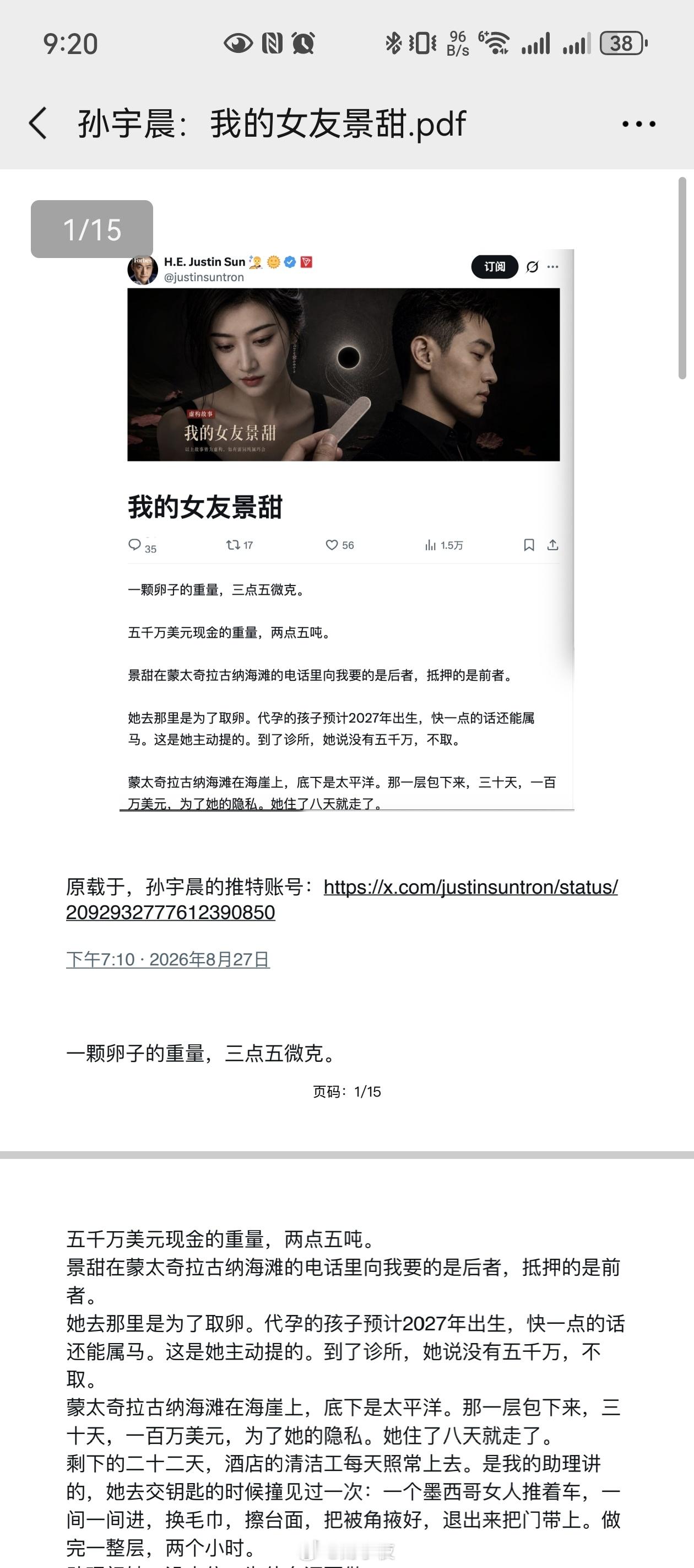 一段话总结孙宇晨 我的女友景甜这是孙宇晨以"虚构"为壳、以景甜为原型写的一篇第一