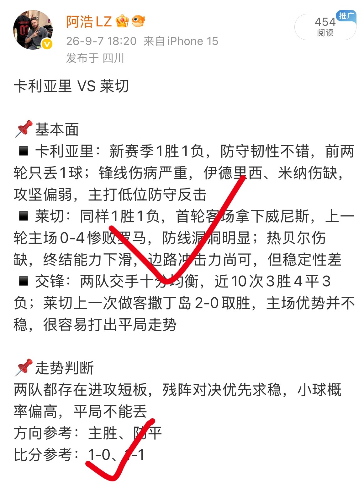 昨日晚场意甲卡利亚里方向精准拿下去，比分成功打出！ ​​​