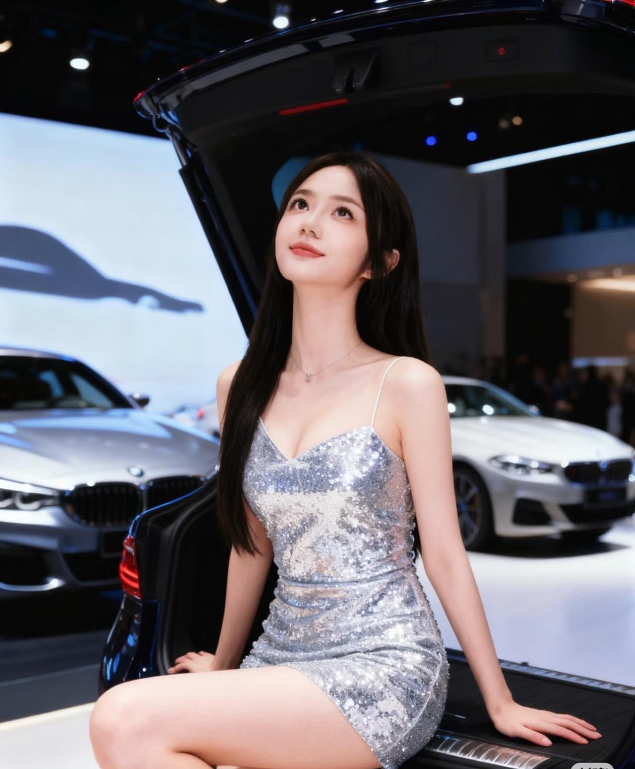 闪耀车模坐进宝马后备箱，尽显奢华与魅力！💎🚗