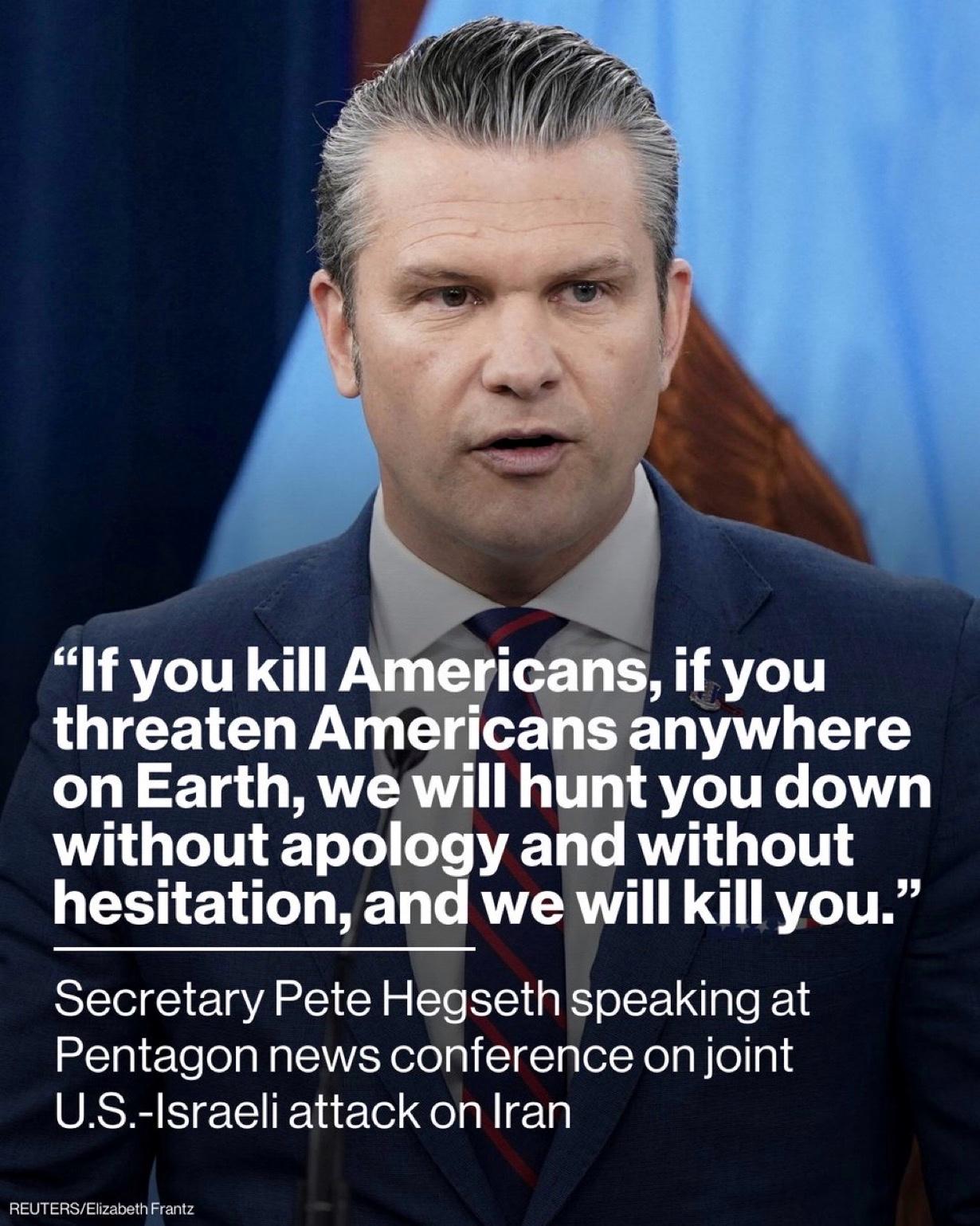 美国国防部长皮特·赫格塞斯在五角大楼就美以联合袭击伊朗举行的新闻发布会上说：“如