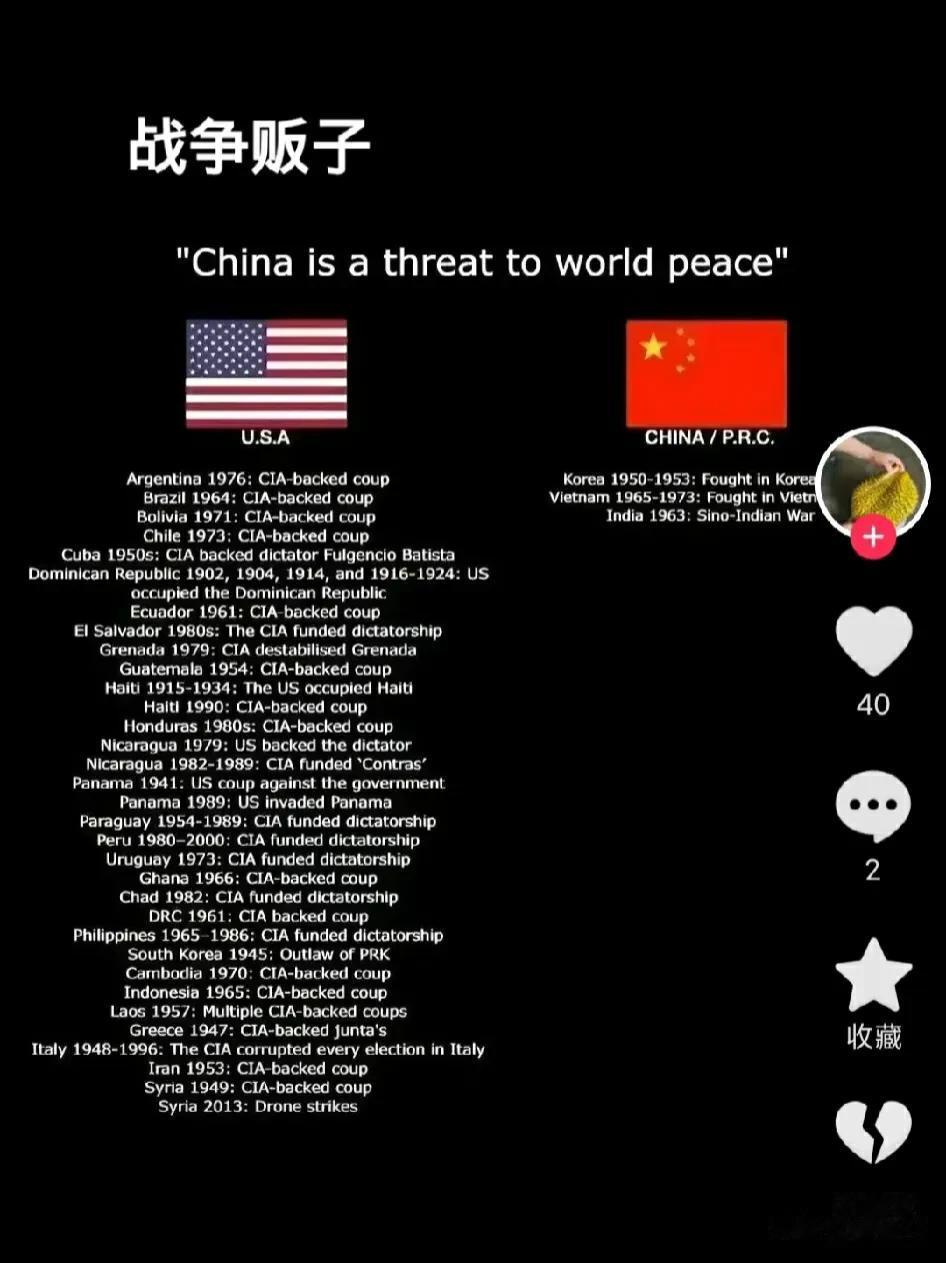 美帝，说中国是世界的威胁，看图 ~ 真正的战争贩子，一目了然 ~

二战后，美国