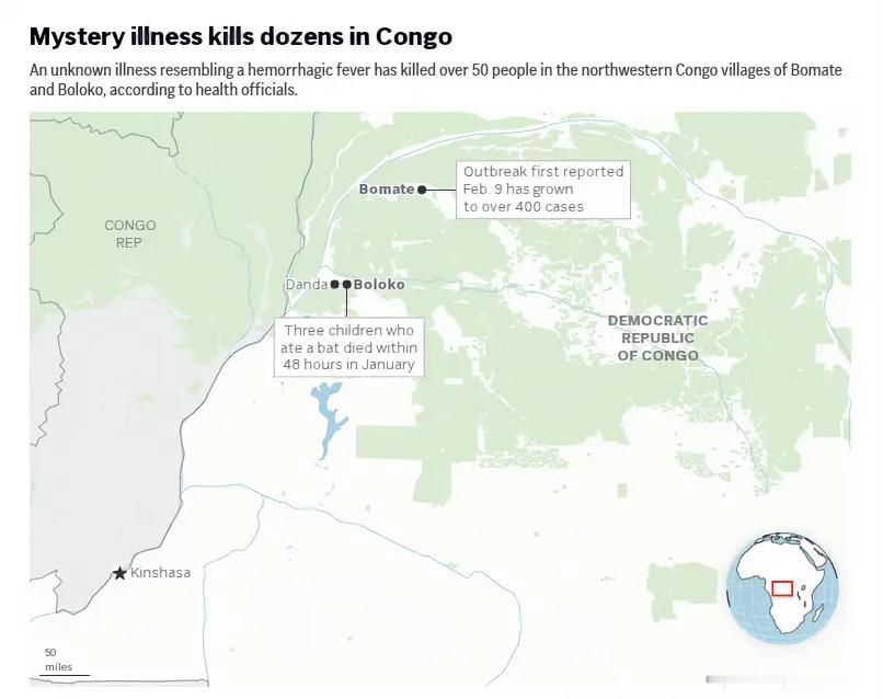 刚果（金）西北部出现不明疾病，导致 50 多人在患病 48 小时内即死亡。症状（