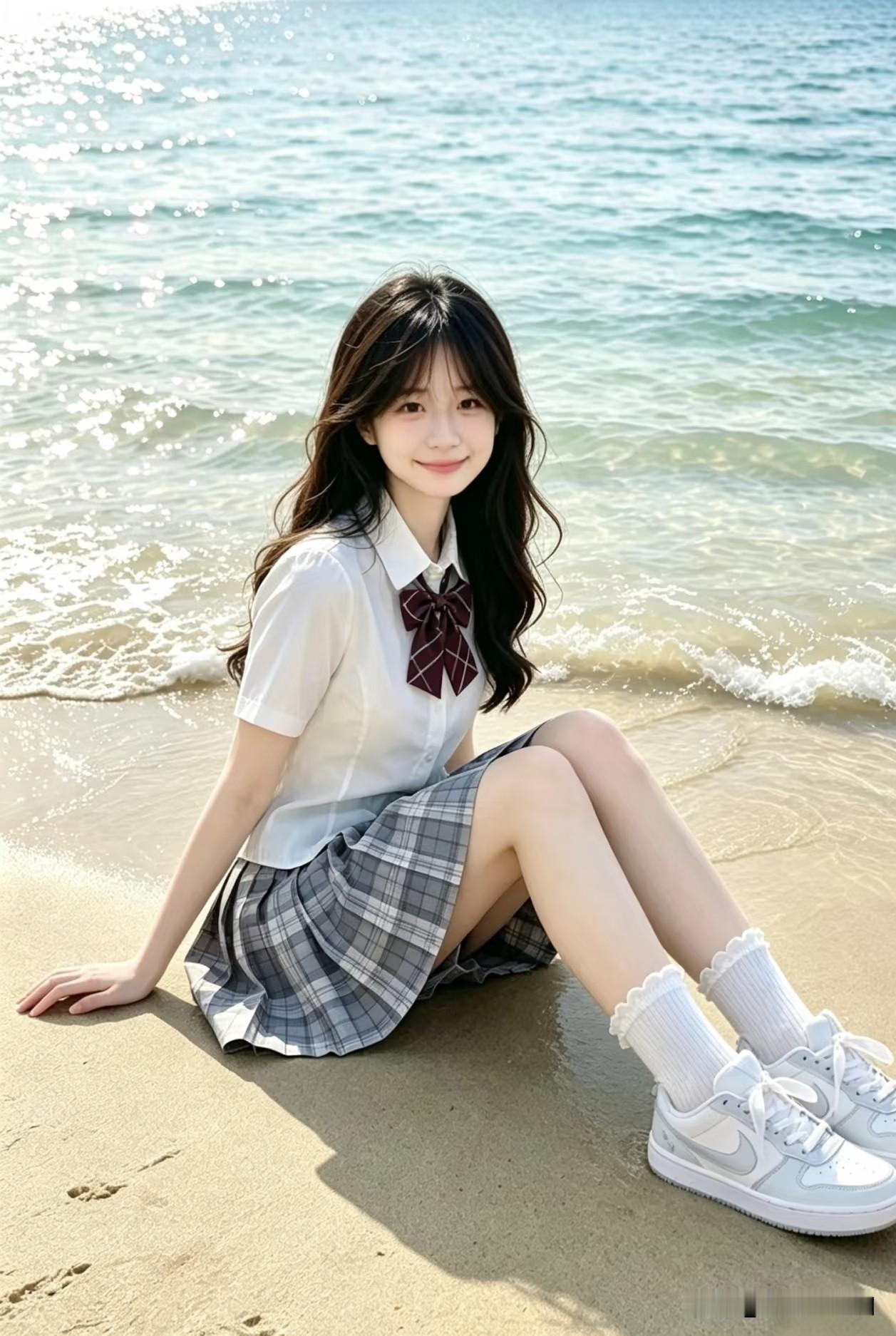 海边坐着的女孩穿着校服。