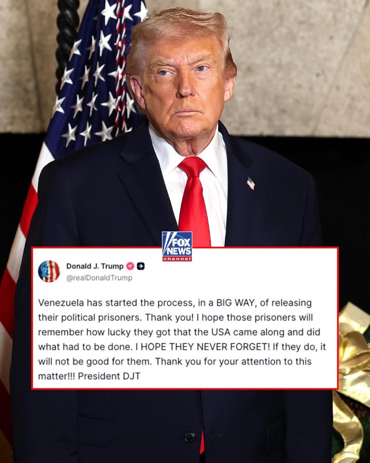特朗普表示，委内瑞拉已开始释放政治犯，他将此归功于美国的介入，并表示希望获释者记