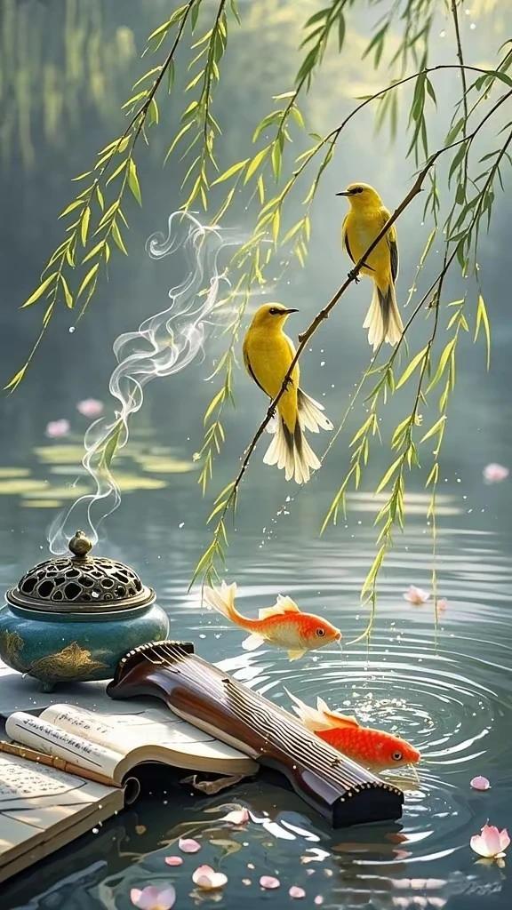 上联：碧水清风翠柳
下联；青山明月黄丽