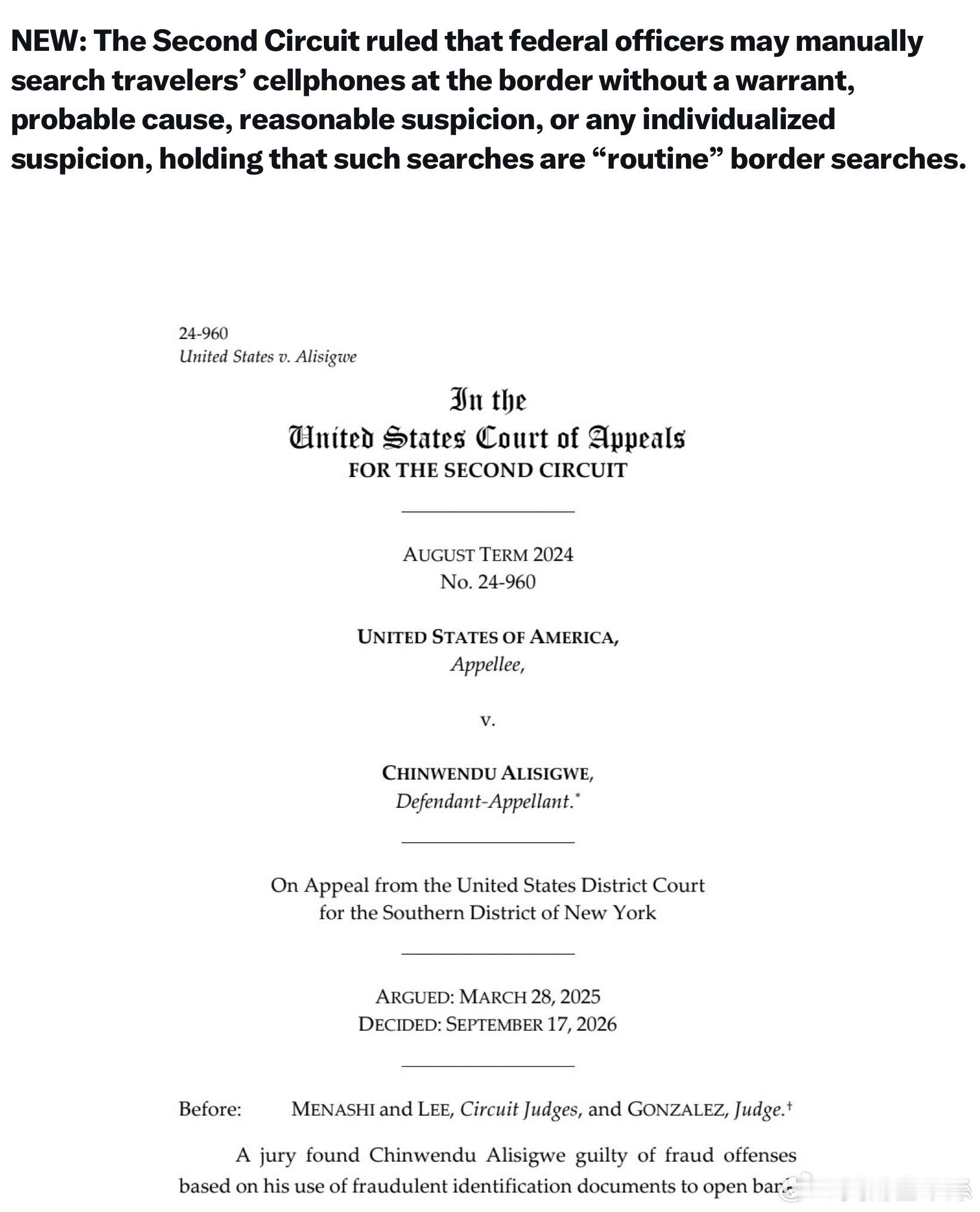 美國聯邦第二巡迴上訴法院裁定，聯邦執法人員可以在邊境對旅客的手機進行人工搜查，而