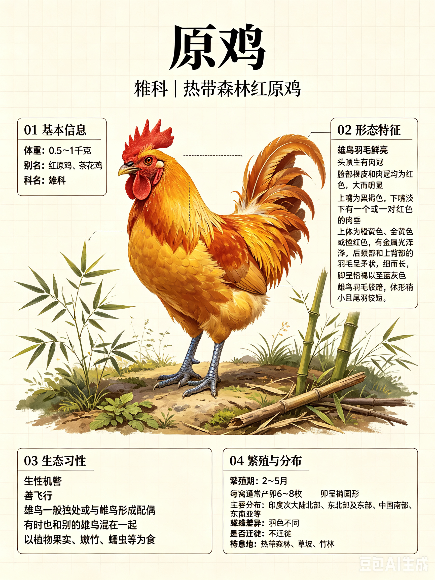鸟类朋友图鉴 原鸡科名：雉科体重：0.5～1千克别名：红原鸡、茶花鸡原鸡生性机警