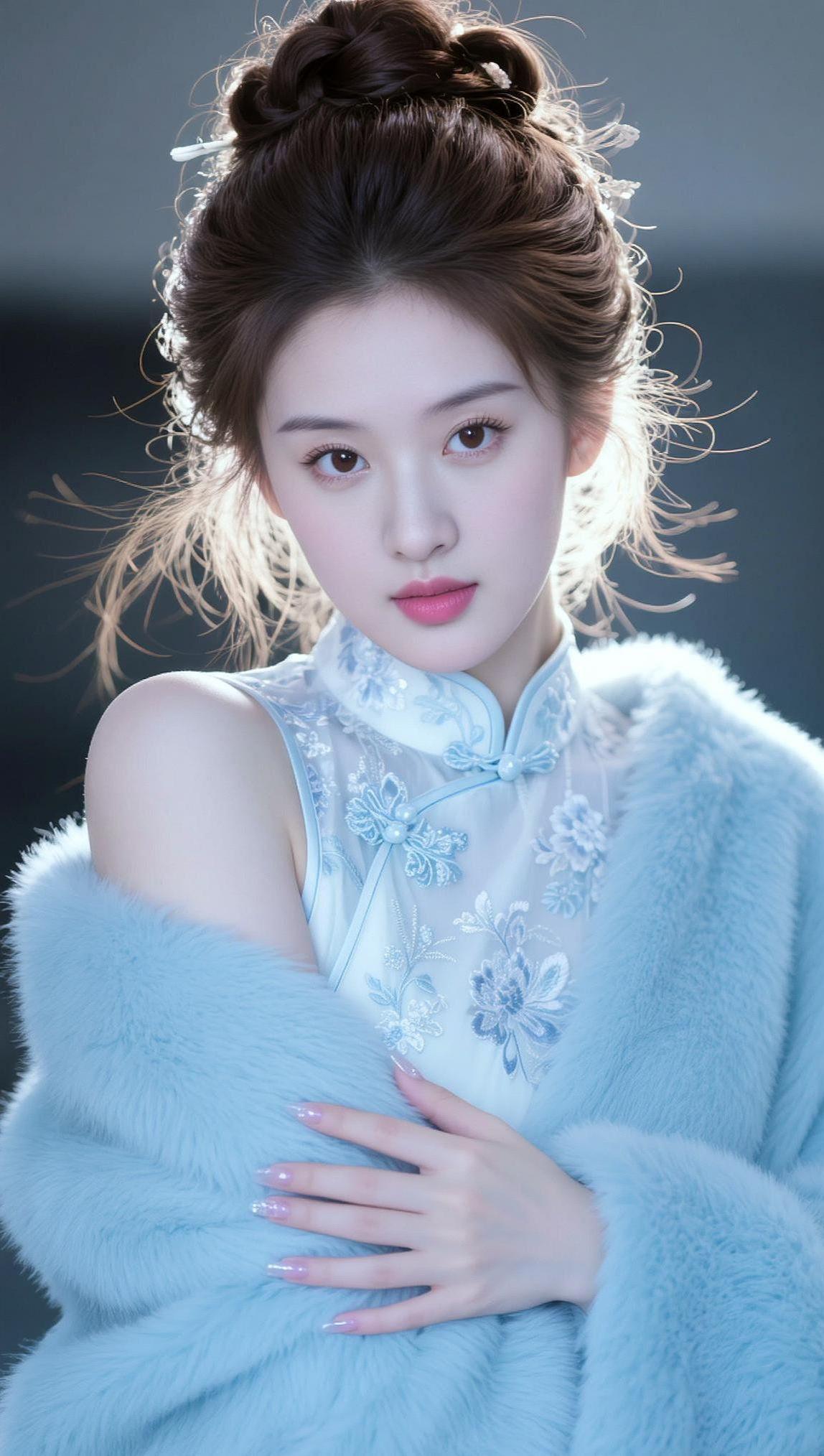 AI蓝裘旗袍照 抖音ai创作