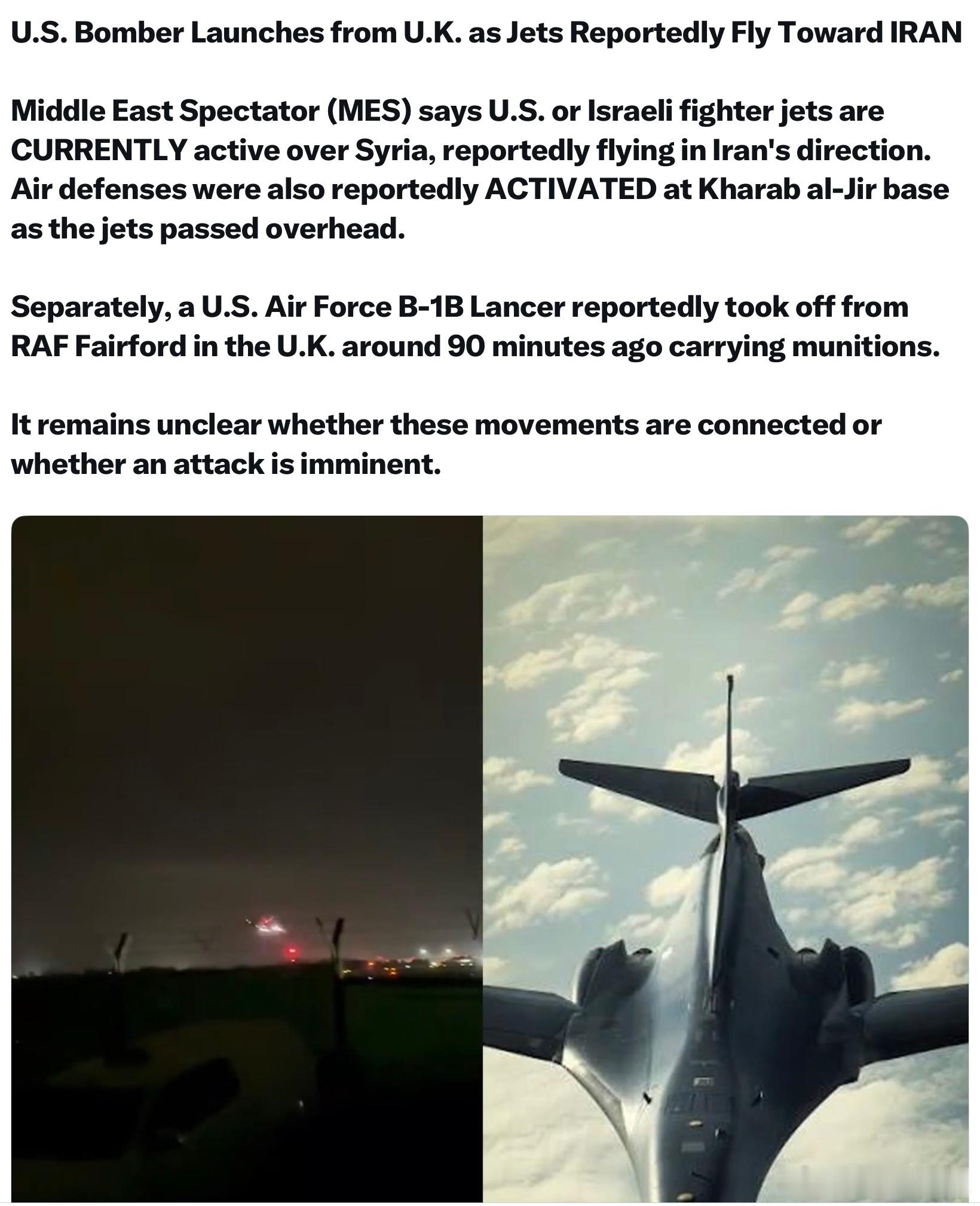 美國轟炸機從英國費爾福德空軍基地起飛，與此同時有報道稱戰機正飛往伊朗方向。據“中